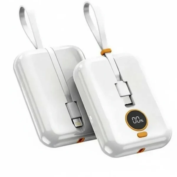 Two white Airox PB-01 10000mAh power banks with built-in cables, digital display, and lightning connector.