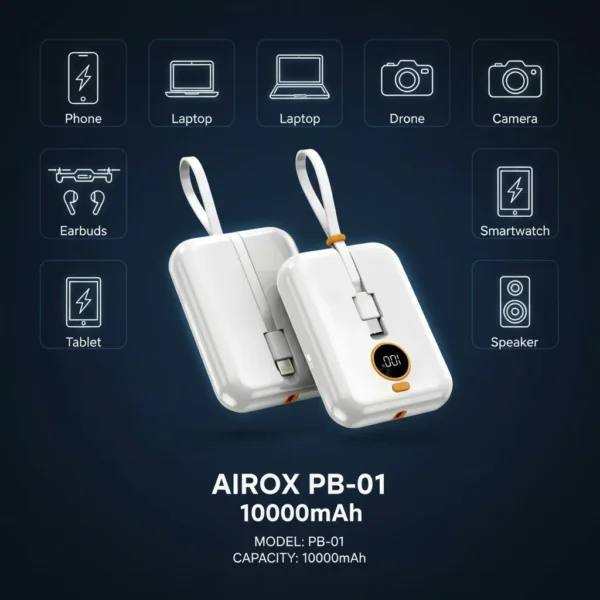 Two white Airox PB-01 10000mAh PD power banks, with icons showing phone, laptop, drone, camera compatibility.