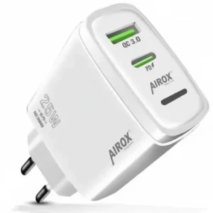 White Airox PD-07 25W fast charger with QC 3.0 and PD dual ports, European plug.