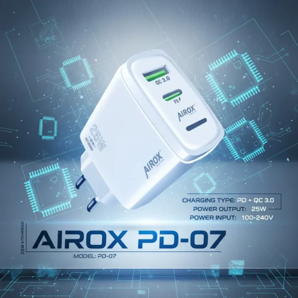White Airox PD-07 25W fast wall charger with QC 3.0 and PD ports on a blue industrial tech background.