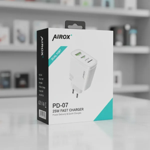 Airox PD-07 25W Fast Charger retail box with hanger, featuring white dual-port charger product image.