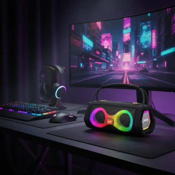 Airox SP-10 Wireless Speaker with RGB lights on a gaming desk with monitor, keyboard, mouse, and headphones.