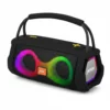 Black Airox SP-10 portable Bluetooth speaker with vibrant LED lights and a braided carry handle.
