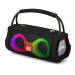 Black Airox SP-10 portable Bluetooth speaker with vibrant LED lights and a braided carry handle.
