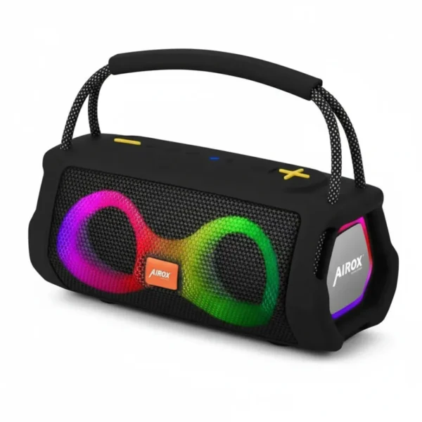 Black Airox SP-10 portable Bluetooth speaker with vibrant LED lights and a braided carry handle.