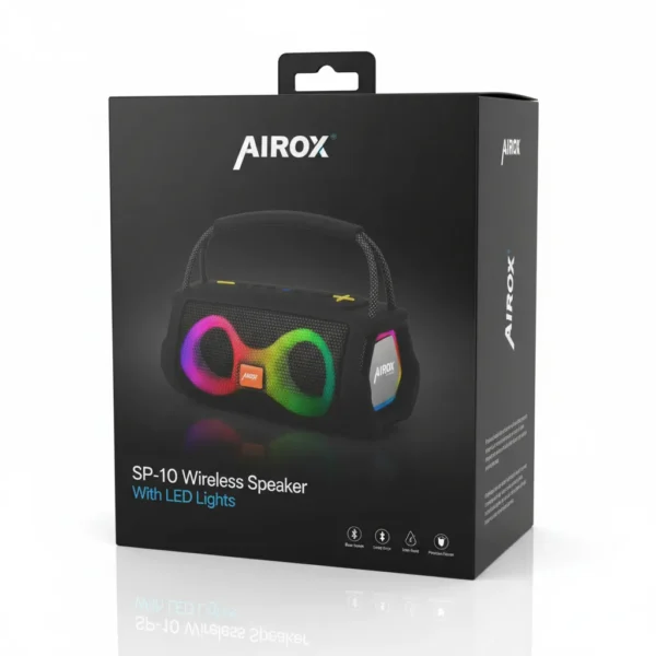 Black Airox SP-10 Wireless Speaker With LED Lights product packaging, showcasing the speaker with colorful LED rings.