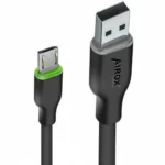 Airox CB-132 black fast charging cable showing USB-A and green Micro USB V8 connectors.