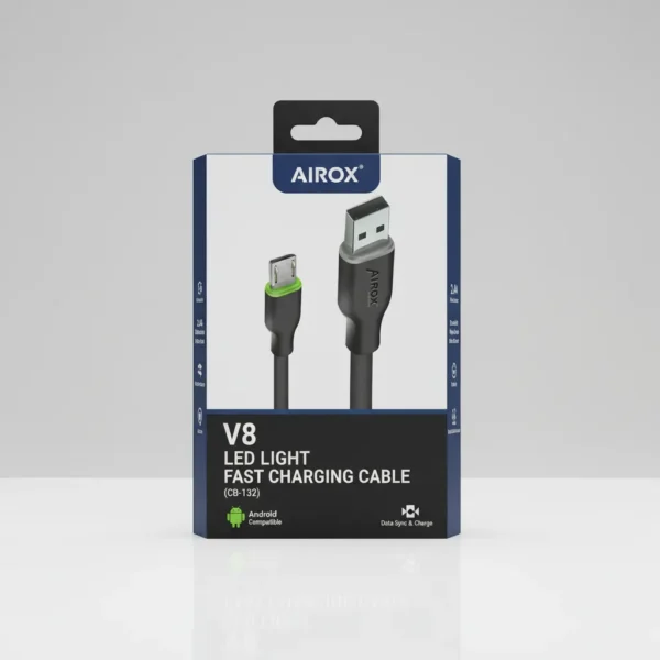 Airox V8 LED Light Fast Charging Cable (CB-132) retail packaging showing black micro-USB and USB-A connectors.