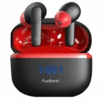 Audionic Airbud 500 black and red true wireless earbuds in open charging case with LED display.