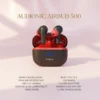 Audionic Airbud 500 black and red wireless earbuds in their open digital charging case on a soft background.