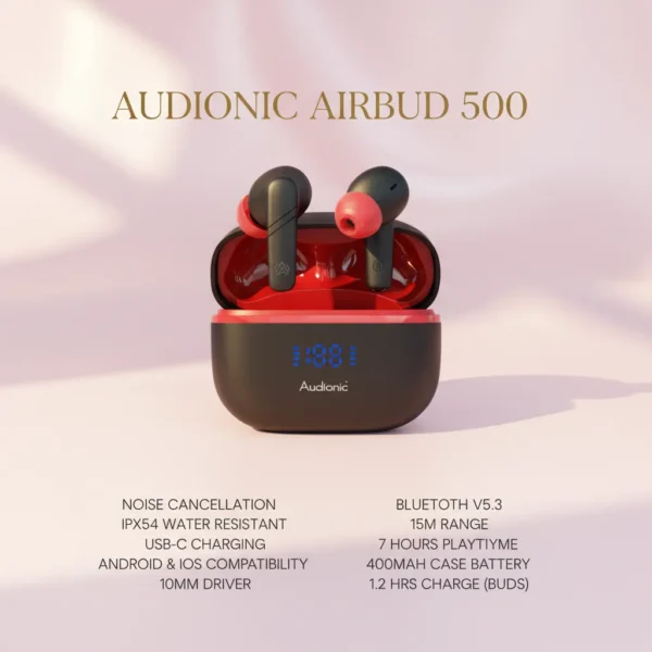 Audionic Airbud 500 black and red wireless earbuds in their open digital charging case on a soft background.