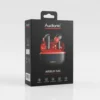 Black Audionic Airbud 500 retail packaging displaying red and black wireless earbuds in charging case with digital display.