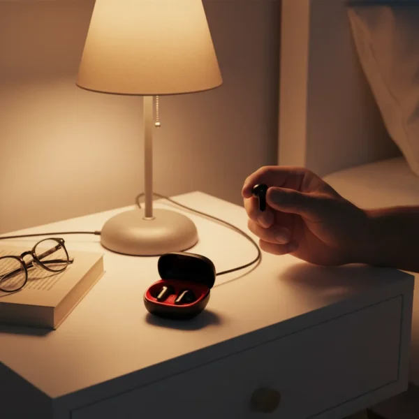 Hand holding Audionic Airbud 550 wireless earbud beside its charging case, book, and lamp on a bedside table.