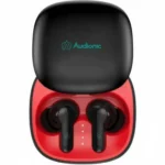 Audionic Airbud 550 black wireless earbuds in their open charging case with red interior and logo.