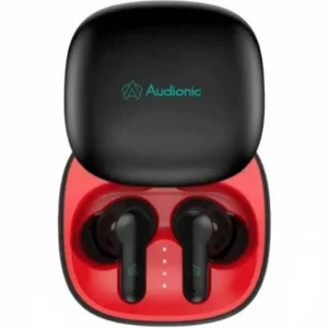 Audionic Airbud 550 black wireless earbuds in their open charging case with red interior and logo.