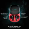 Audionic Airbud 550 black TWS earbuds in open red-lined charging case, dark elegant background with blue smoke.