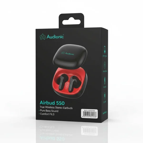 Black Audionic Airbud 550 true wireless earbuds in open black/red charging case on retail packaging.