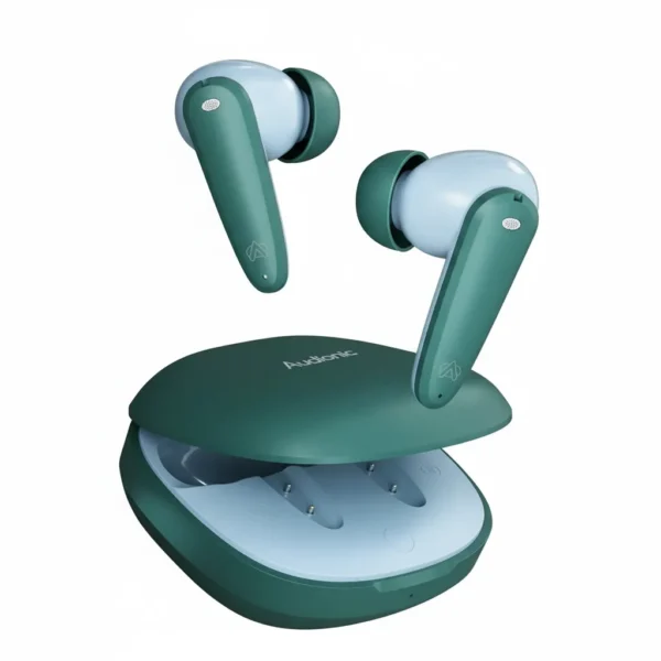Audionic Airbud 725 Pro green and light blue wireless earbuds with open charging case.