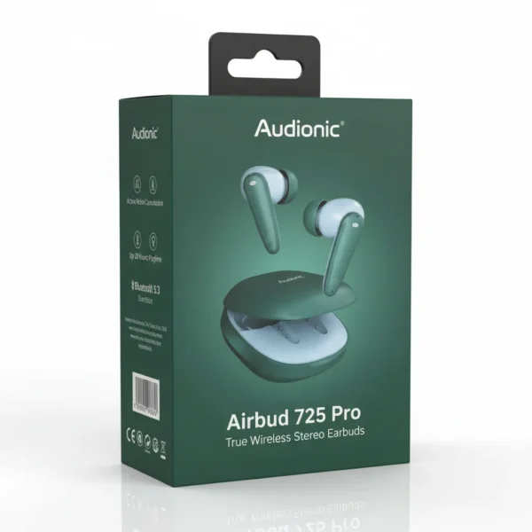 Audionic Airbud 725 Pro green true wireless stereo earbuds retail packaging displaying the product and case.