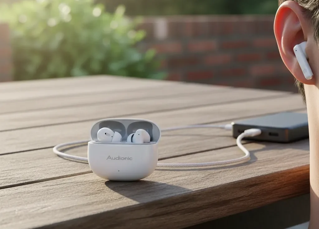 White Audionic Airbuds 495, one in ear, charging case with earbuds connected to power bank on an outdoor wooden table.
