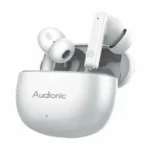 White Audionic Airbuds 495 TWS earbuds in their open charging case.