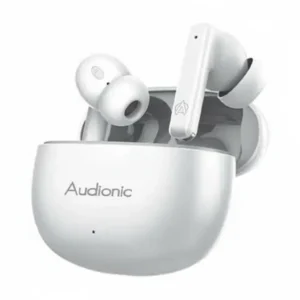 White Audionic Airbuds 495 TWS earbuds in their open charging case.