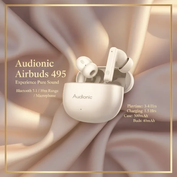 Cream Audionic Airbuds 495 in open charging case, resting on luxurious champagne satin.