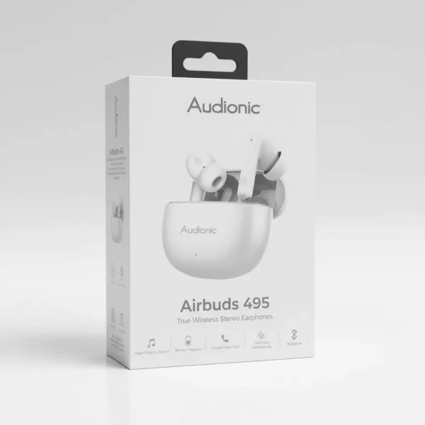 Retail packaging for Audionic Airbuds 495 True Wireless Stereo Earphones, showing white earbuds and charging case.