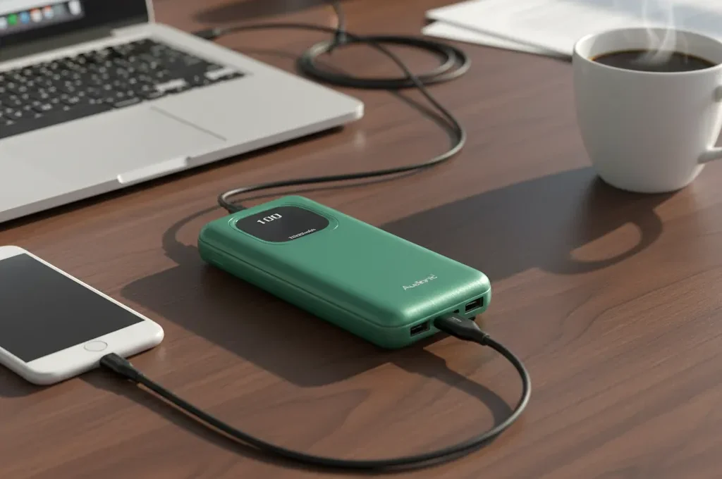 Green Audionic Benz 10000 mAh power bank displaying "100", charging a phone on a desk with a laptop and coffee.