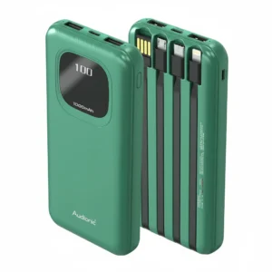 Audionic Benz 10000 mAh green power bank with digital display and built-in USB, Type-C, Lightning charging cables.