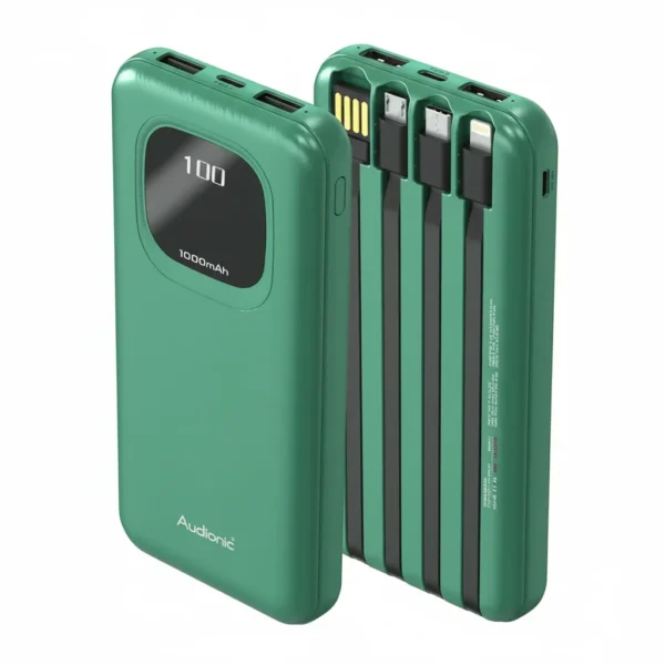 Audionic Benz 10000 mAh green power bank with digital display and built-in USB, Type-C, Lightning charging cables.