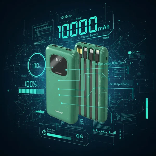 Green Audionic Benz 10000 mAh power bank with built-in USB/Type-C cables, displayed on an infographic HUD background.