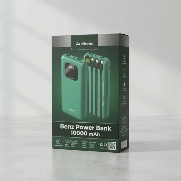 Audionic Benz 10000 mAh power bank retail box. Green power bank with digital display and built-in charging cables.