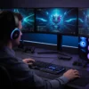 Gamer wears Audionic Hammer wireless gaming headset with glowing RGB earcups at a multi-monitor PC setup.