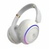 Audionic Hammer white wireless headphones with gold accents and a glowing blue-purple LED earcup light.