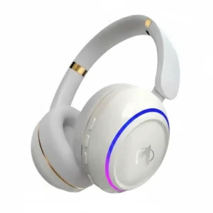 Audionic Hammer white wireless headphones with gold accents and a glowing blue-purple LED earcup light.