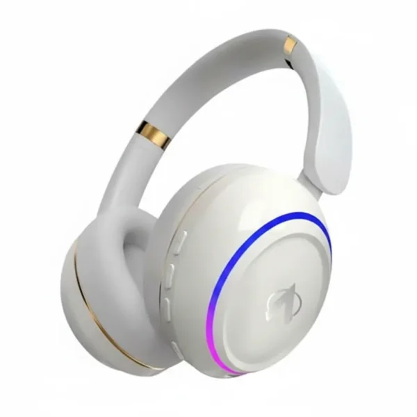 Audionic Hammer white wireless headphones with gold accents and a glowing blue-purple LED earcup light.