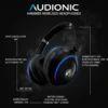 Audionic Hammer black wireless headphones with glowing blue-purple earcups and logo on a dark, smoky background.