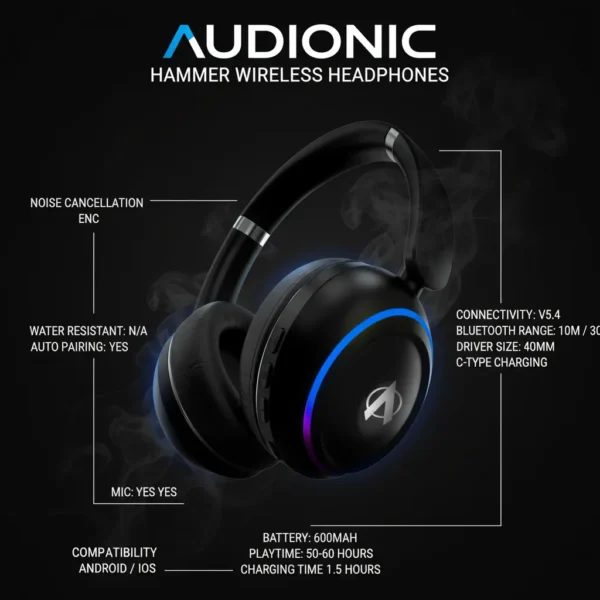 Audionic Hammer black wireless headphones with glowing blue-purple earcups and logo on a dark, smoky background.