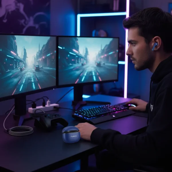 Gamer wearing blue Audionic Signature S680 Wireless Earbuds, with charging case on desk.