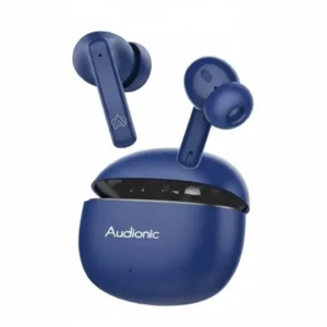 Dark blue Audionic Signature S680 wireless earbuds floating above their open charging case.