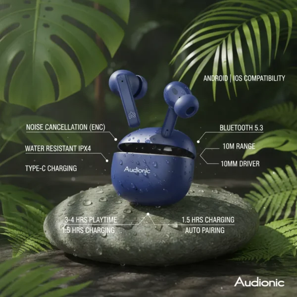 Audionic Signature S680 blue wireless earbuds and open case, water-splashed on a rock amidst green foliage.