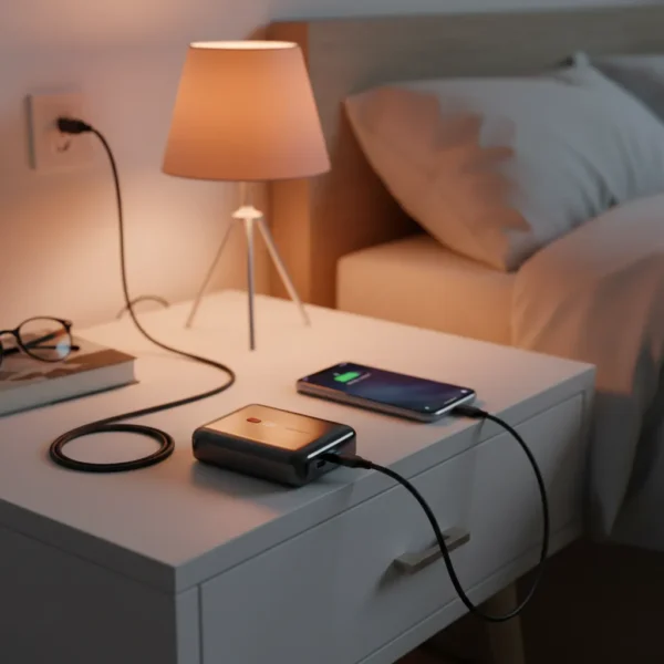 Audionic Tesla T10 10000mAh power bank charging a smartphone on a bedside table next to a warm lamp.