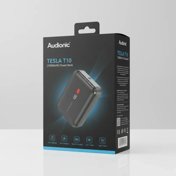 Audionic Tesla T10 10000mAh power bank retail packaging. Black box displays the black power bank with '100' battery percentage.
