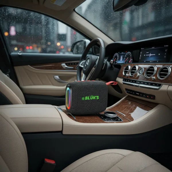 Bluks BX-190 portable wireless speaker with rainbow LED lights in a luxurious car interior.