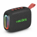 Black Bluks BX-190 portable wireless speaker with RGB lights, red buttons, and a red carry strap.