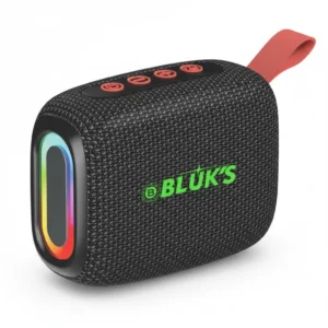 Black Bluks BX-190 portable wireless speaker with RGB lights, red buttons, and a red carry strap.