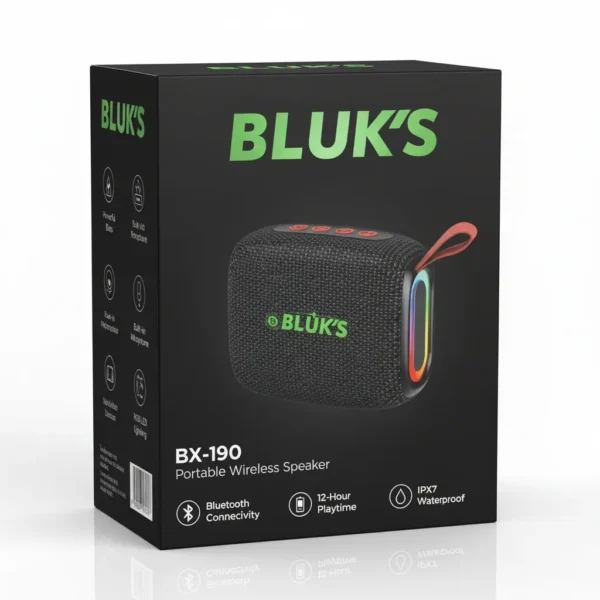 Black Bluk's BX-190 portable wireless speaker packaging box, showing speaker with RGB lighting, Bluetooth, and waterproof features.