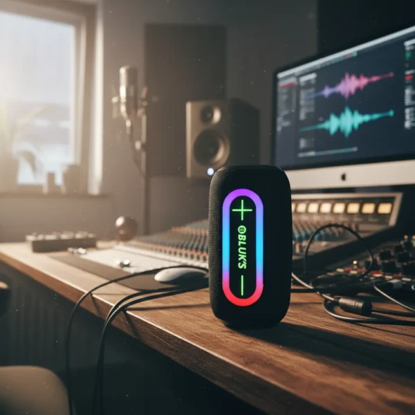 Bluks BX-193 Beat Max speaker with colorful LED lights on a professional studio desk with audio equipment.