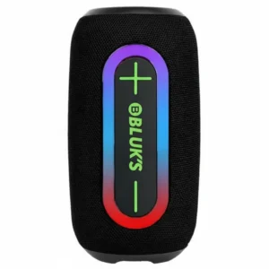 Bluks BX-193 Beat Max powerful sound Bluetooth speaker, black with gradient LED light, Bluks logo, plus/minus symbols.